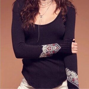 We The Free People Bandana Crochet Embroidered Cuff Thermal Top Black Large